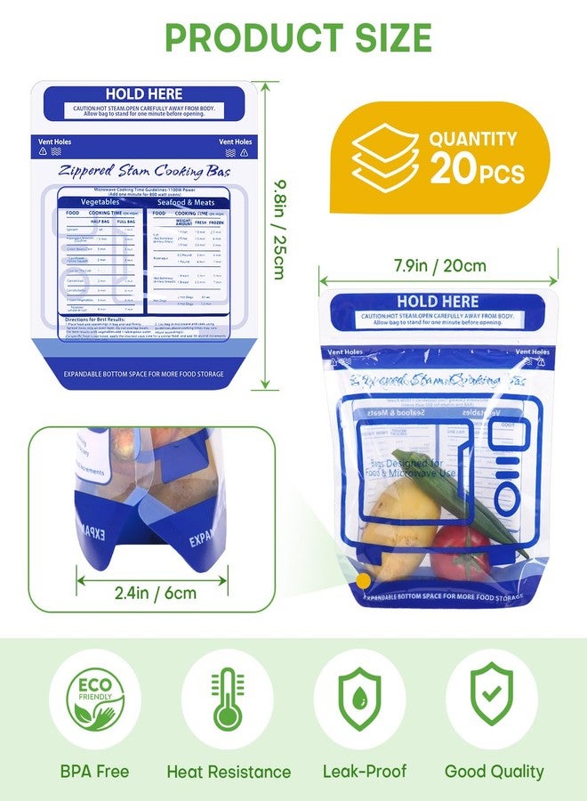 TAINESS 20 Pcs Microwave Steam Cooking Bags for Vegetables Microwave Steamer Bag with Stand-up Zipper Microwave Cooking Bags for Veggie Potatoes Meat Frozen Food Faster & Healthier - Image 2